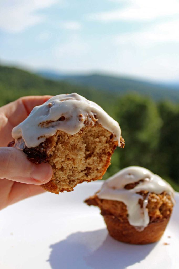 a bitten cinnamon roll muffin with mountain view