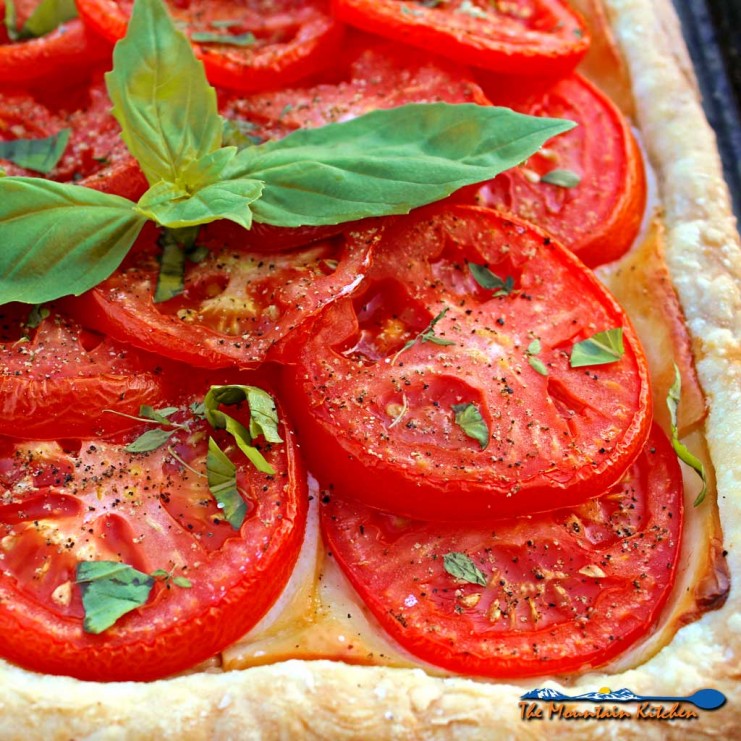 Roasted tomato cheese tart: puff pastry, ripe tomatoes Dijon mustard, smoked Gruyere cheese, simply seasoned with fresh thyme, fresh basil, salt and pepper. | TheMountainKitchen.com