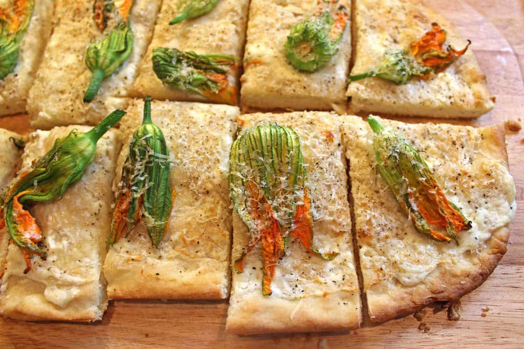 sliced squash blossom focaccia