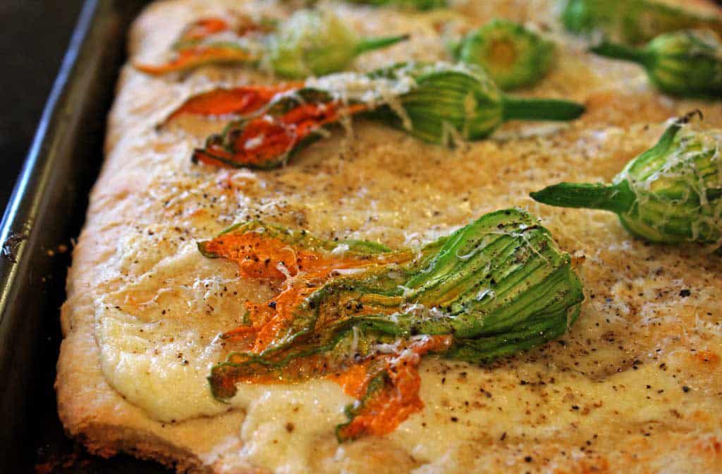 squash blossom focaccia cooling