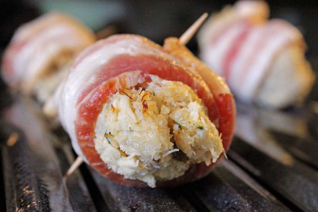 raw stuffed shrimp on broiler pan