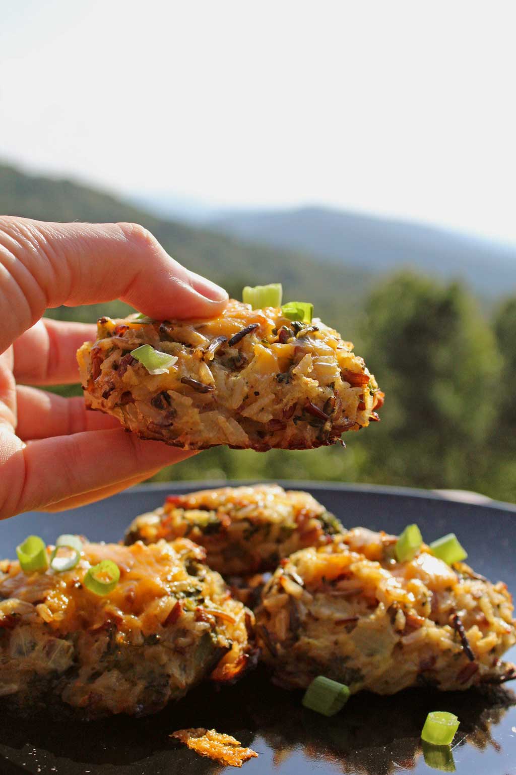 broccoli cheddar rice cakes with mountain view