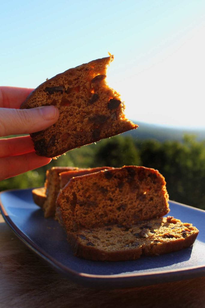 sliced pumpkin cinnamon bread with mountain view