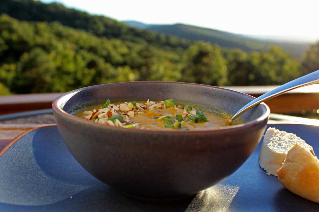 bowl of soup with spoon and mountain view