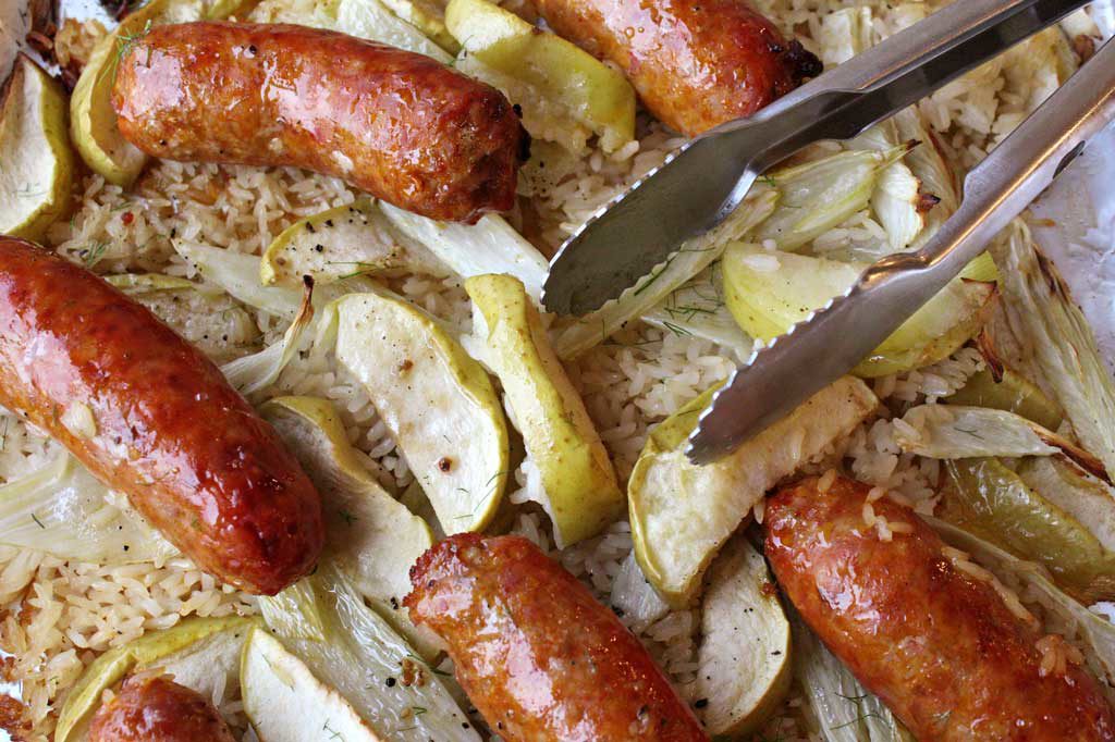 Sausage Apple Fennel Sheet Pan Dinner ready to eat