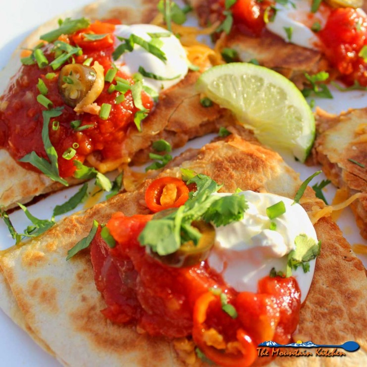 refried bean and cheese quesadilla topped with salsa and sour cream