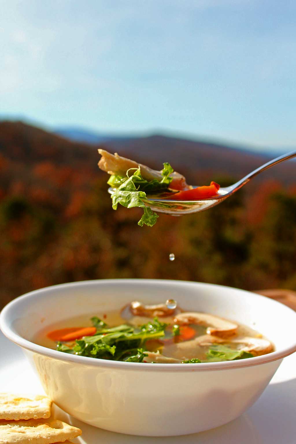 spoon full of soup dripping into bowl