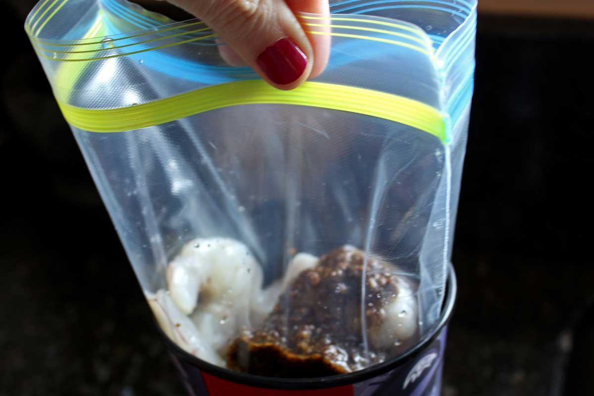 a bag of shrimp with marinade