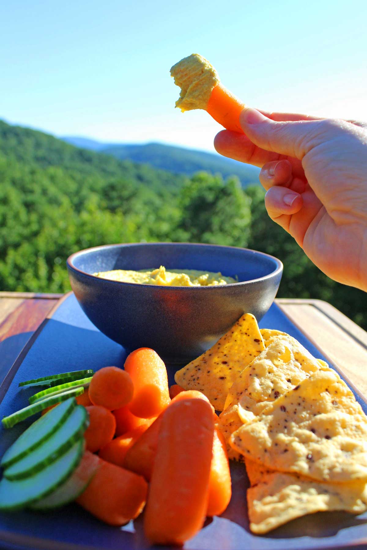 Curry hummus gets extra creaminess from greek yogurt and warm earthy spice from madras curry. A healthy snack packed with protein and fiber. It's addictive!