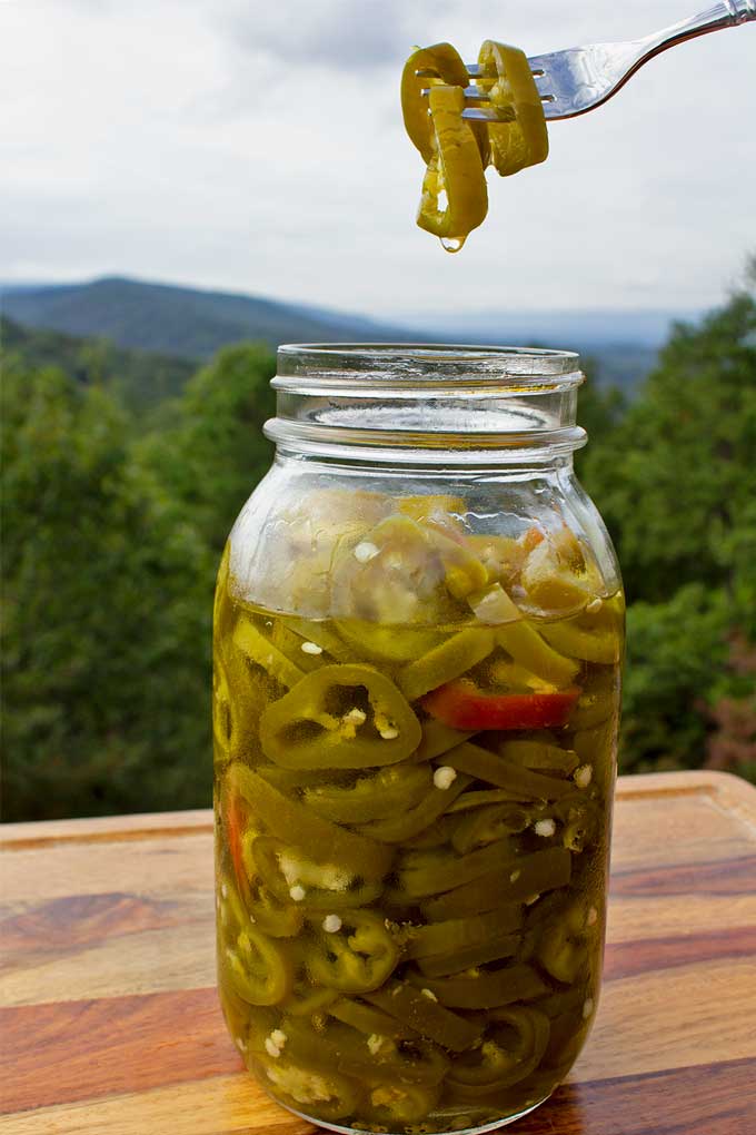 fork full of pickled jalapenos made using this recipe
