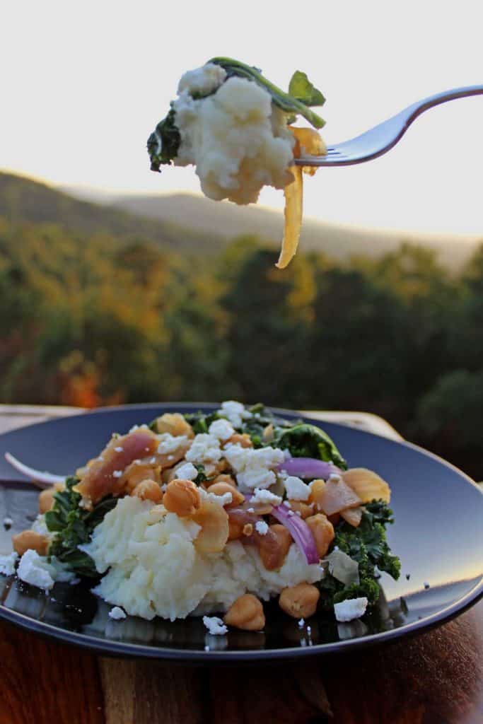 Kale Potato Mash is a new twist on classic mashed potatoes. Fluffy Dijon mashed potatoes with tender kale, red onion, chickpeas, and tangy feta cheese. Yum!