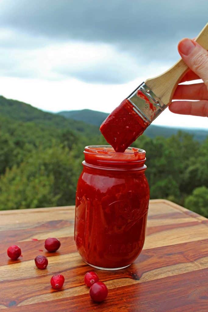 dipping brush into jar cranberry bbq sauce