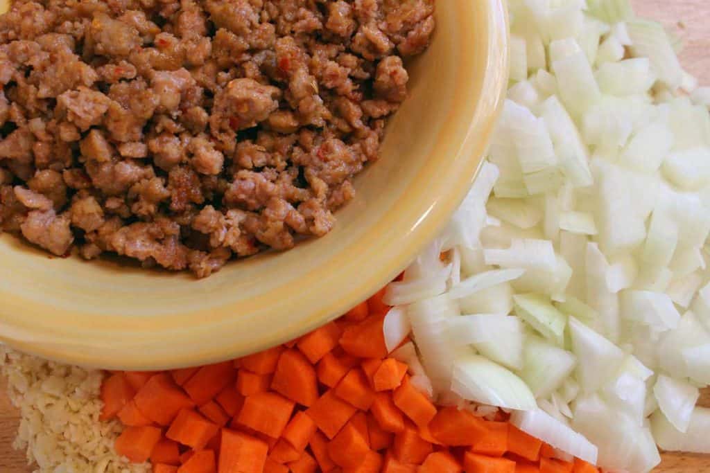 browned sausage and chopped veggies