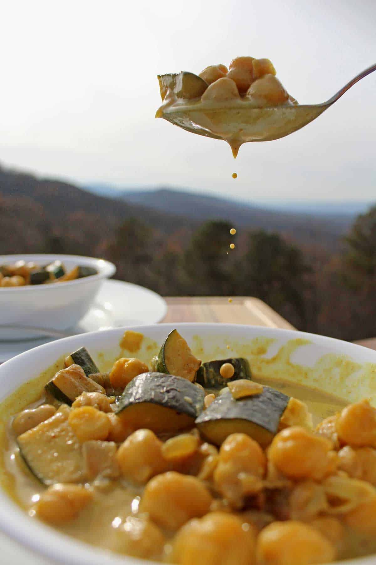 A dripping spoonful of stew with the mountains in the background.