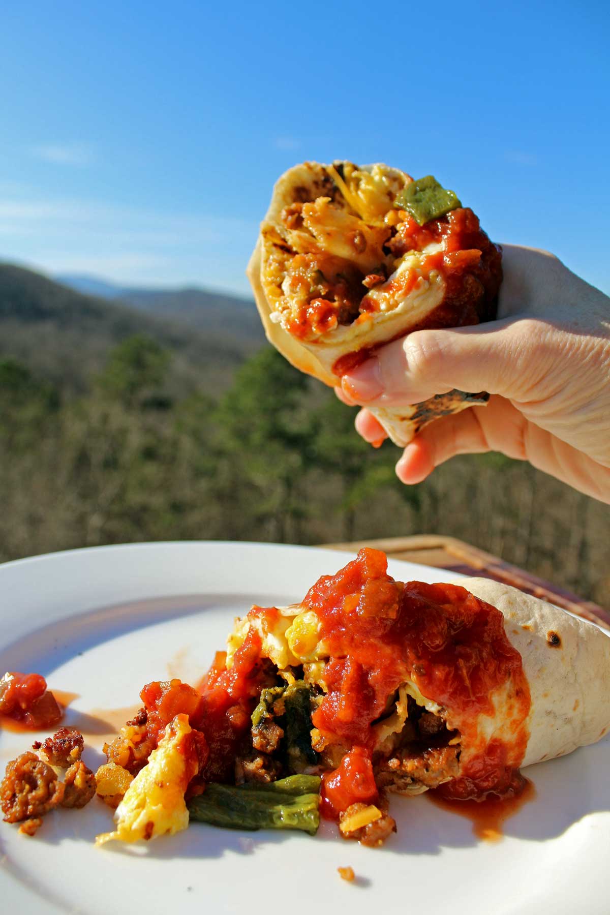 breakfast burrito with hand holding one half in front of the mountain view