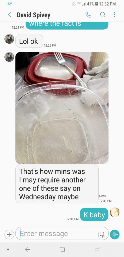 A photo of David's empty salad bowl and request for another salad.