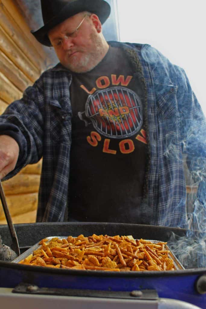 David stirring the snack mix