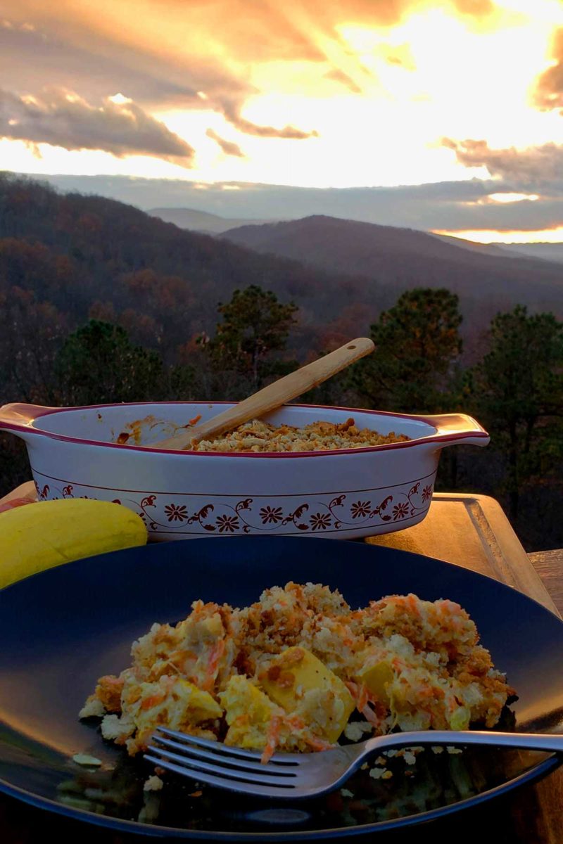squash casserole with the mountains in the background