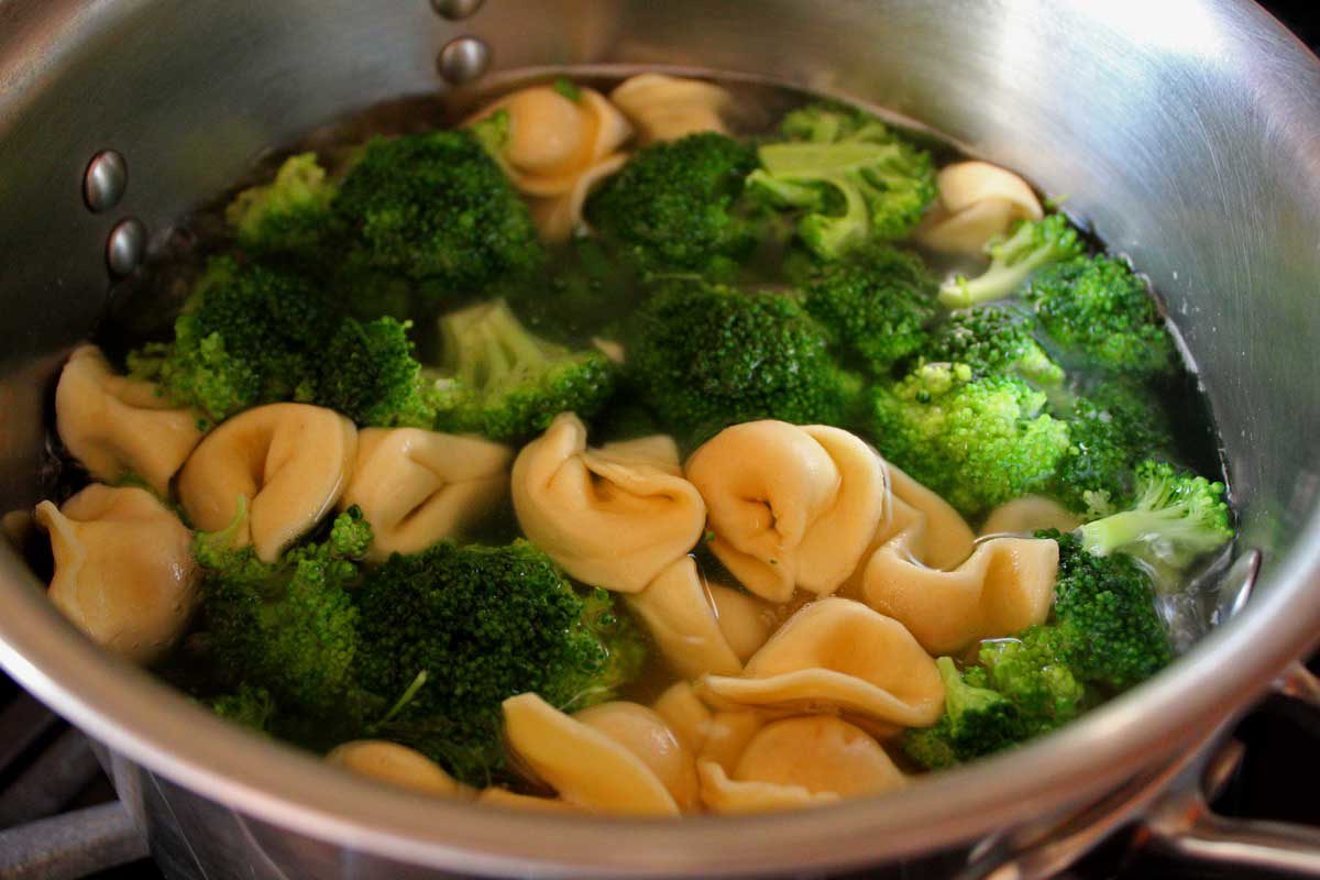 broccoli and pasta in a pot