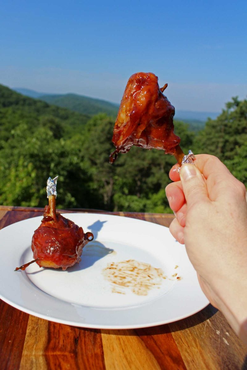 BBQ chicken lollipops are chicken drumsticks seasoned with a dry rub, wrapped in bacon and smoked with barbecue sauce. An inexpensive way to please a crowd!