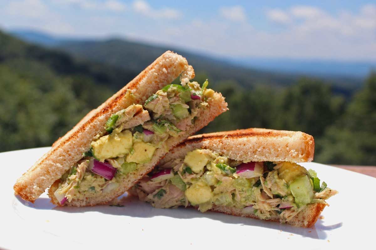 avocado tuna salad sandwich with mountain view