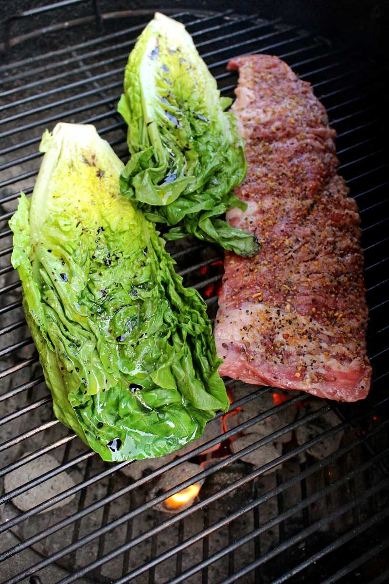 lettuce and steak on grill