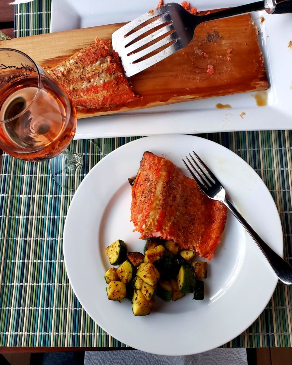 Field Trip Friday cedar plank smoked salmon served with wine