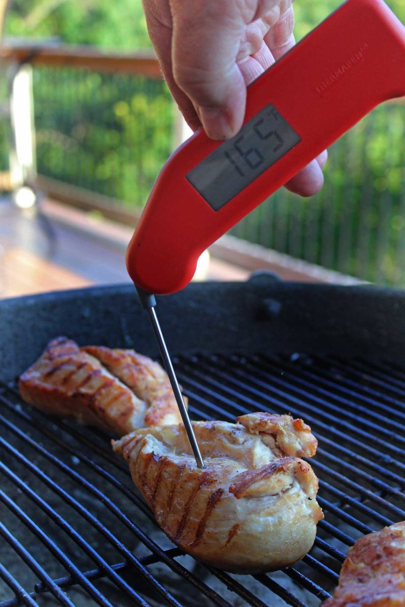 checking temp of chicken with Thermapen