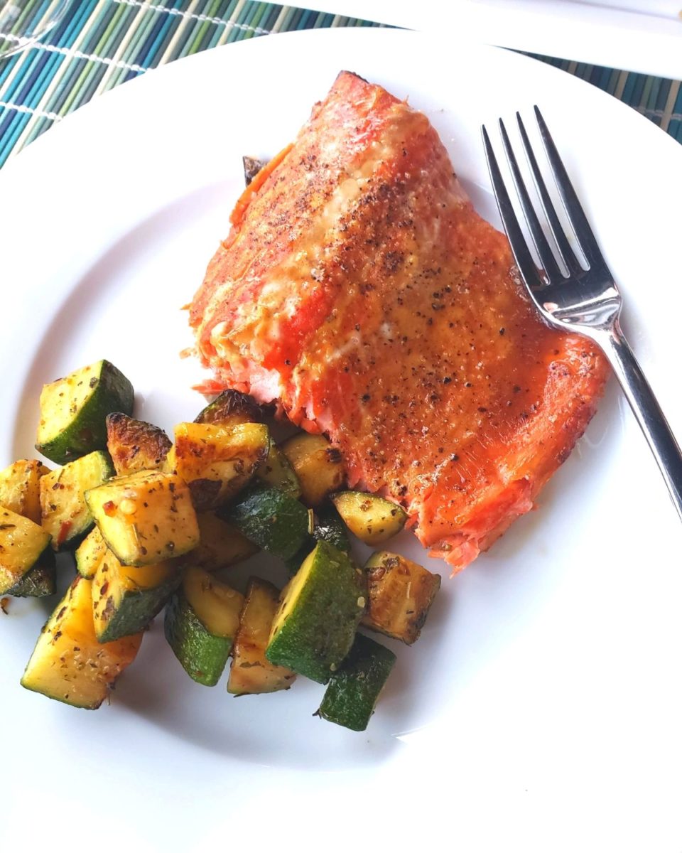 Field Trip Friday cedar plank smoked salmon with zucchini on plate