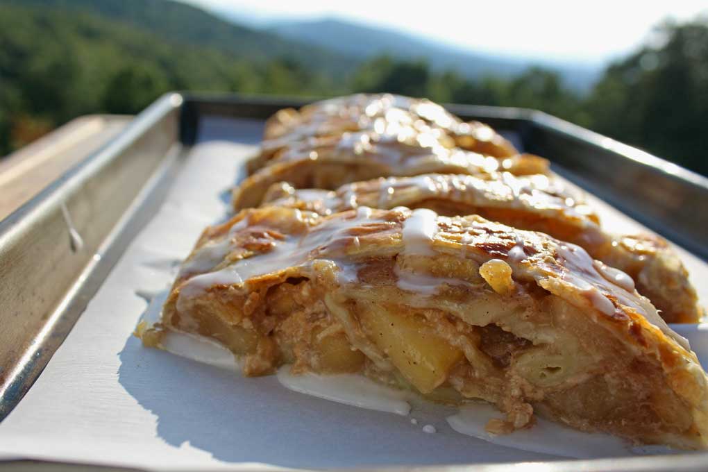 caramel apple strudel with mountain view