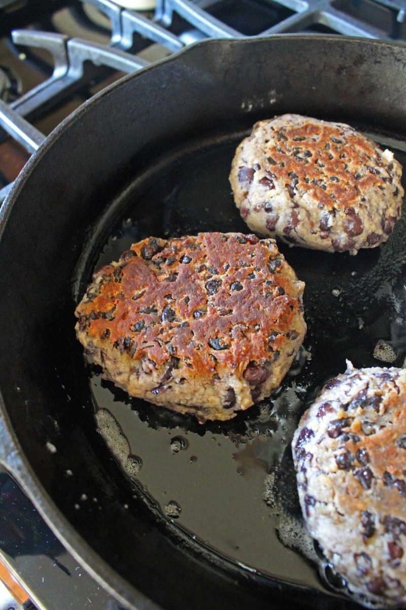 crusty flipped patties in skillet