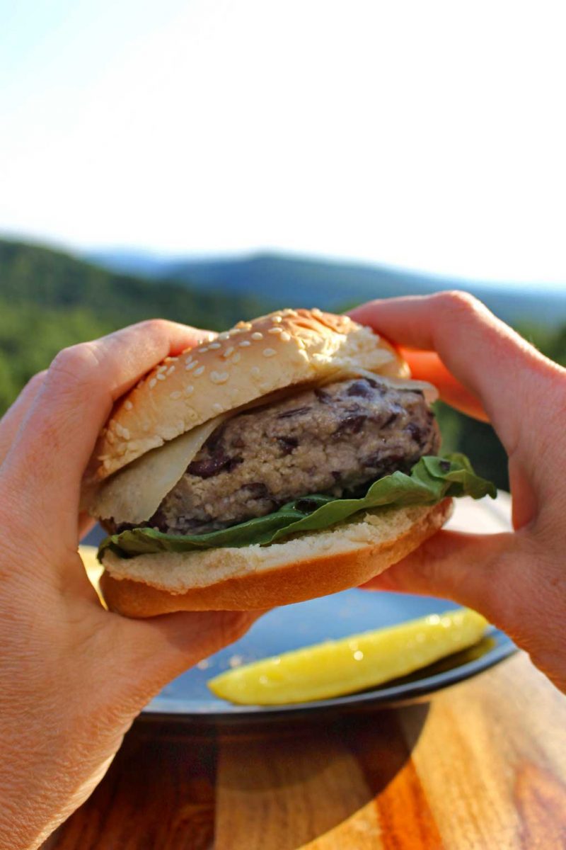 easy black bean burger with mountain view