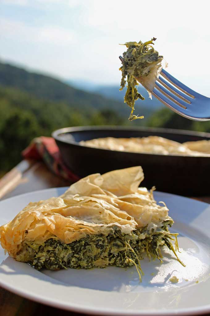 skillet spinach pie with mountain view