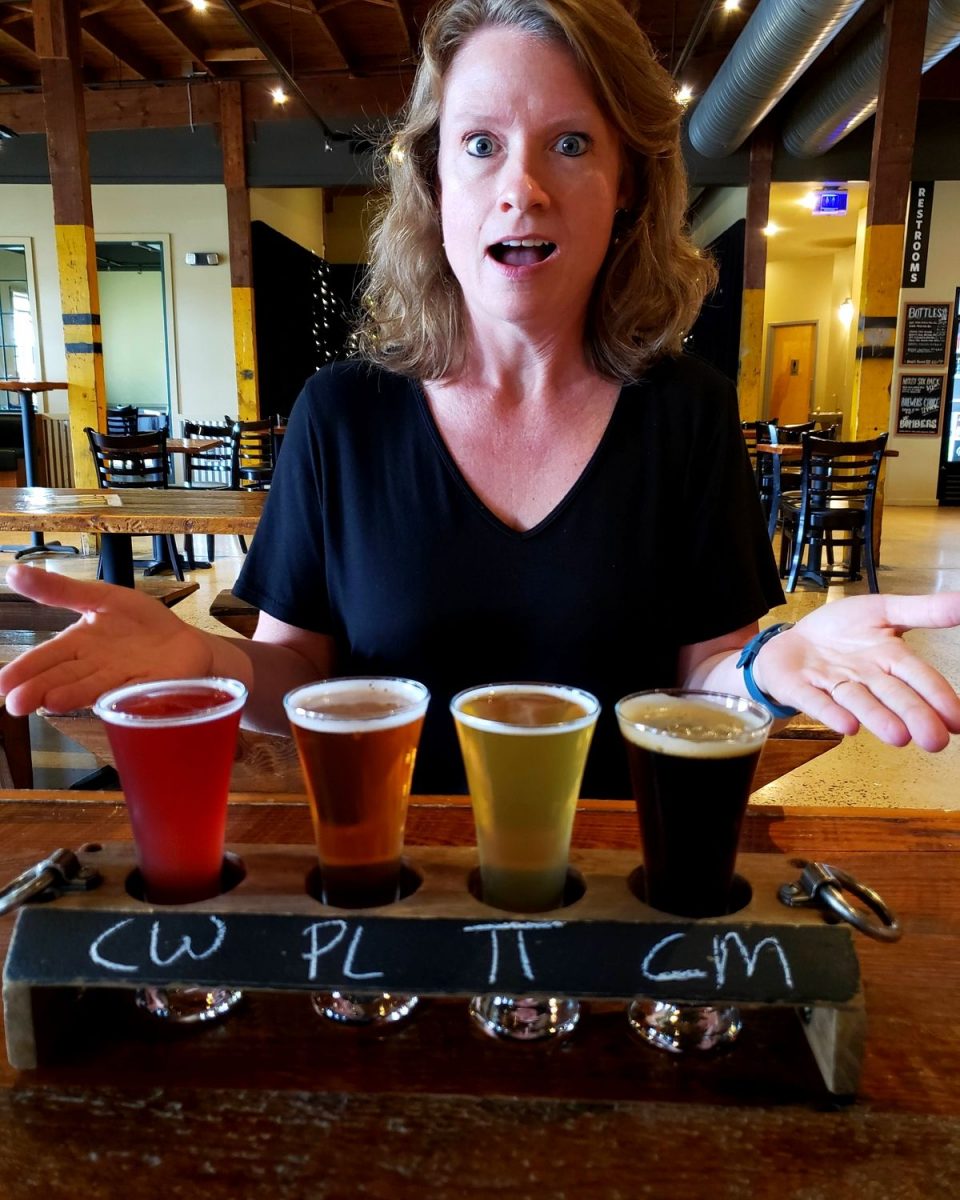 Debbie overwhelmed by beer selection at Old Bust Head Brewing Co. on Field Trip Friday