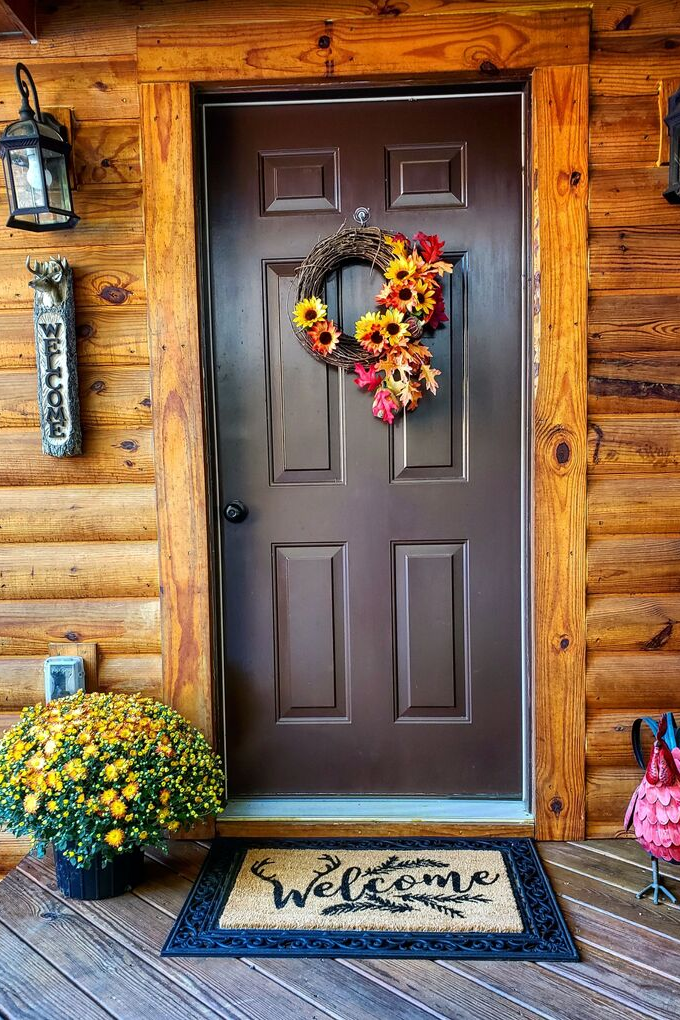 our front door decorated for fall