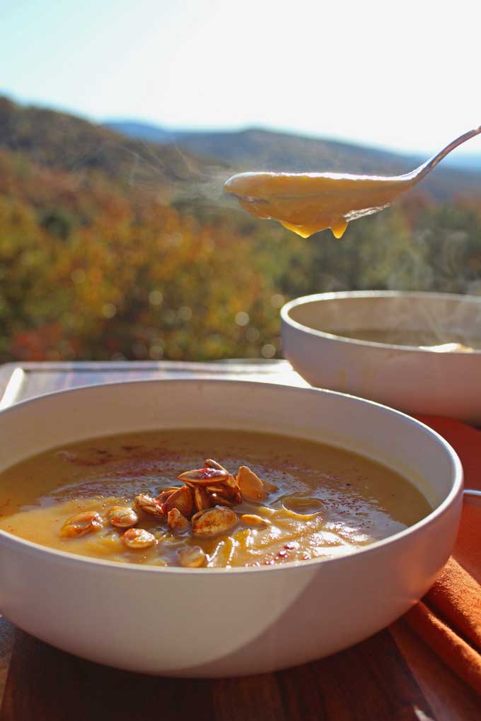 steamy soup on spoon with mountain view
