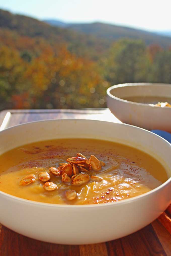bowls of soup with mountain view