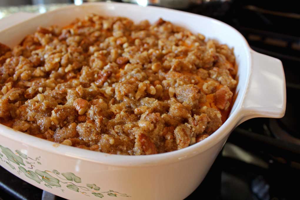prepared sweet potato casserole in casserole dish