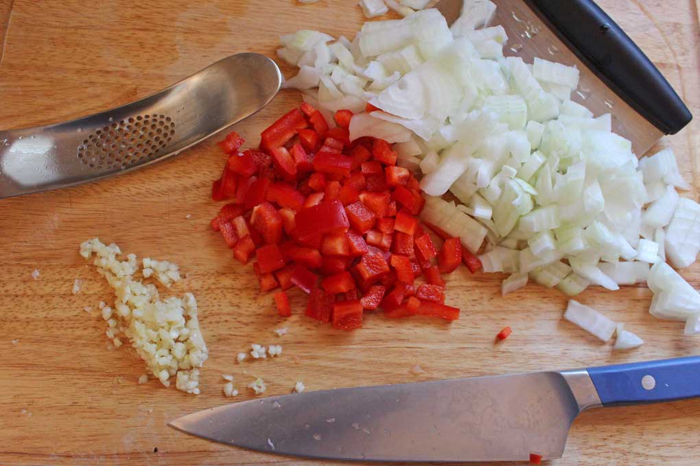 chopped onions, garlic and peppers