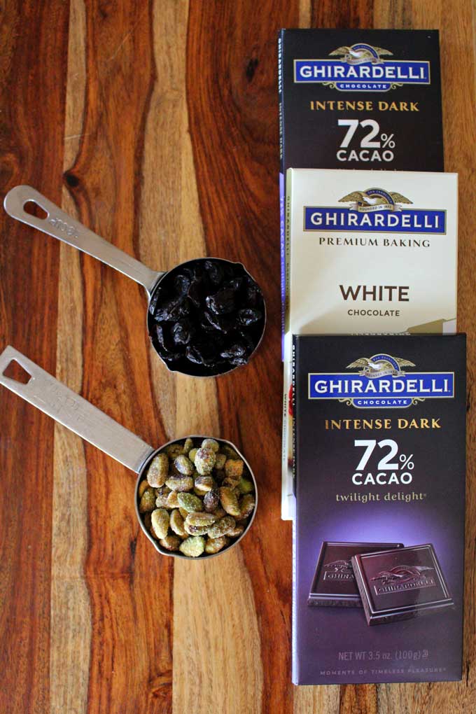 chocolate bars dried cherries and pistachios