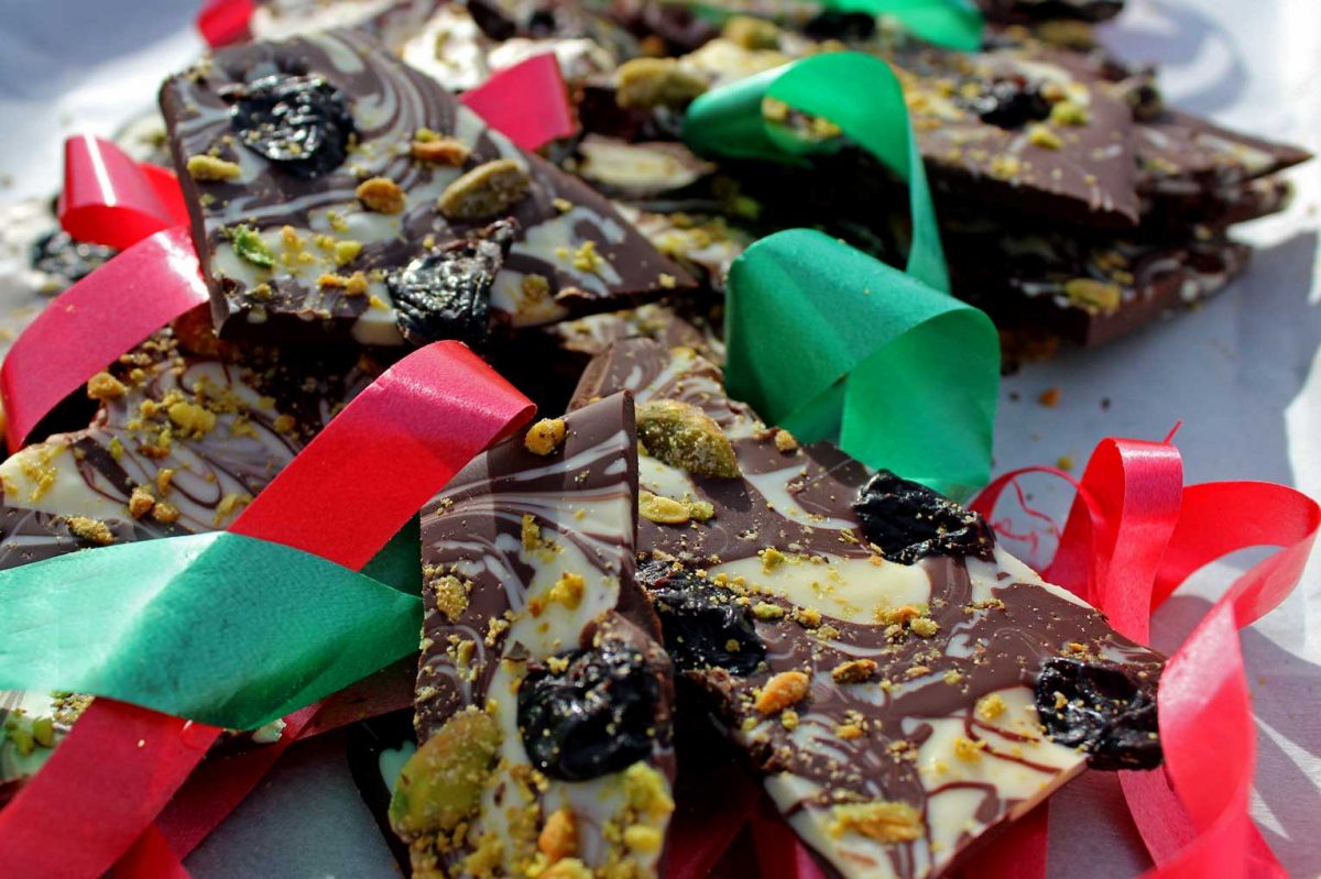 holiday chocolate bark with Christmas ribbon
