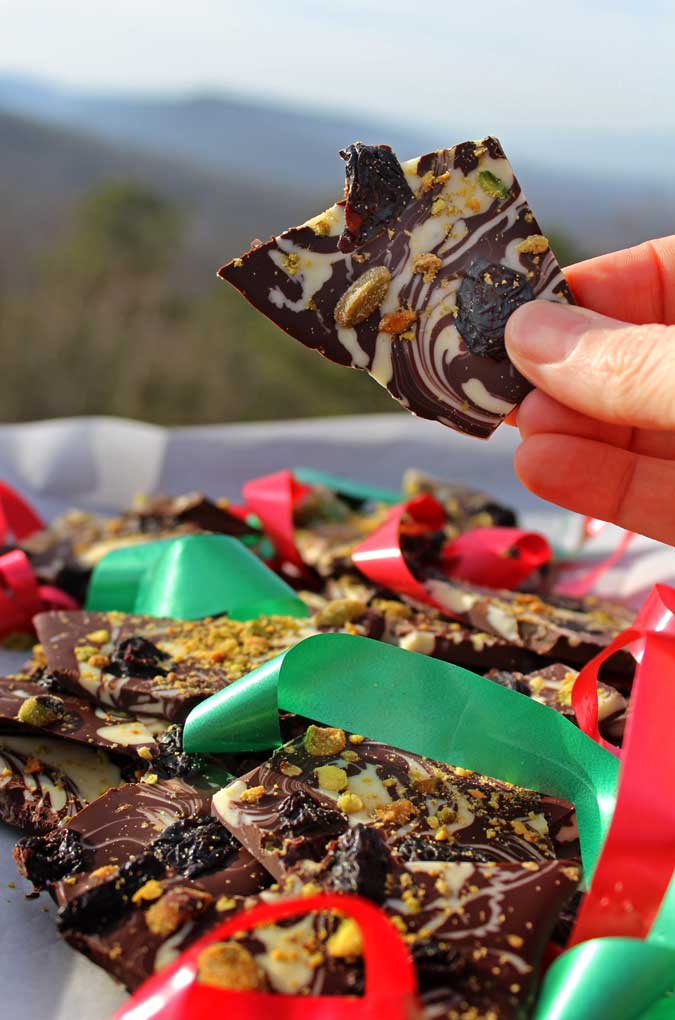 holiday chocolate bark with mountain view