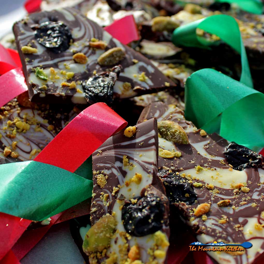 holiday chocolate bark with Christmas ribbon