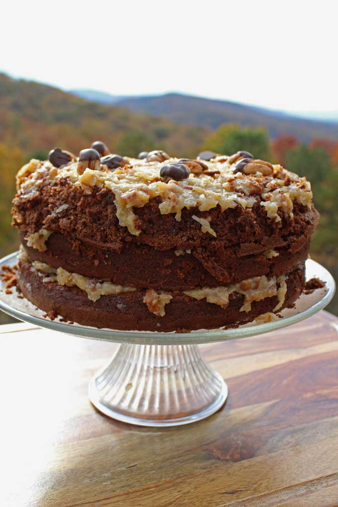 German chocolate cake with mountain view
