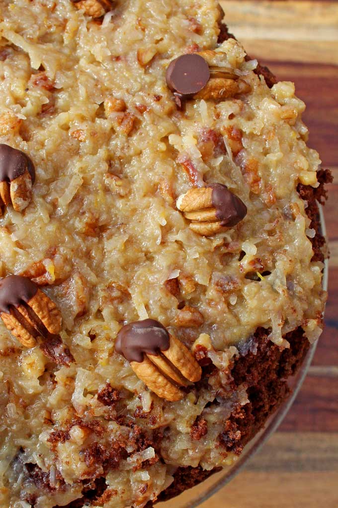 coconut-pecan frosting and chocolate dipped pecans