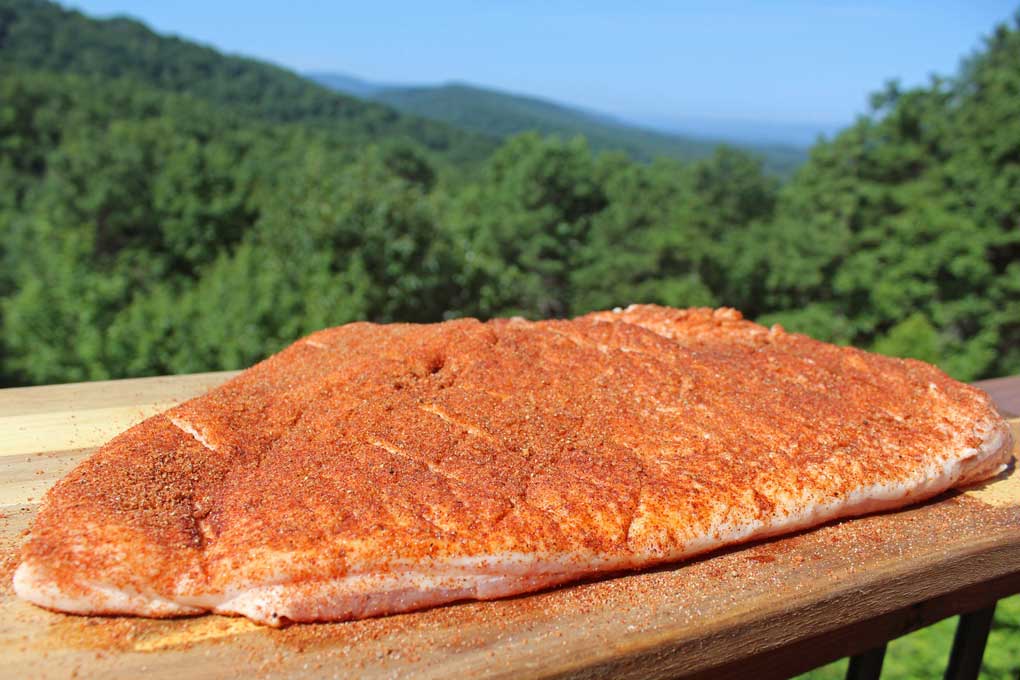 pork belly with spice dry rub and mountain view