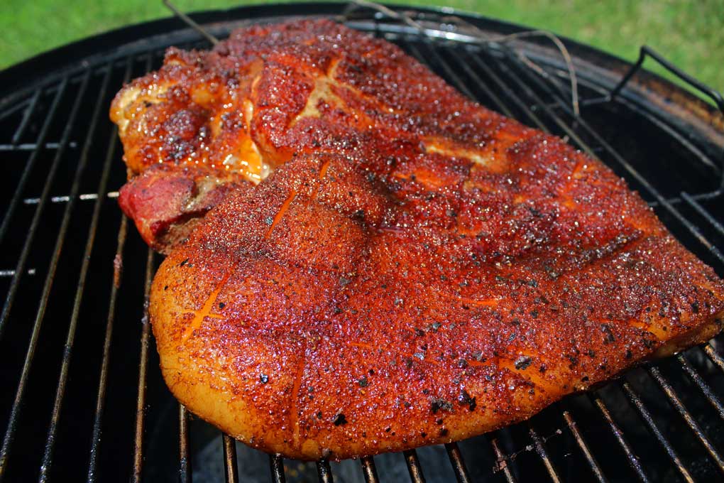 smoked pork belly before cutting