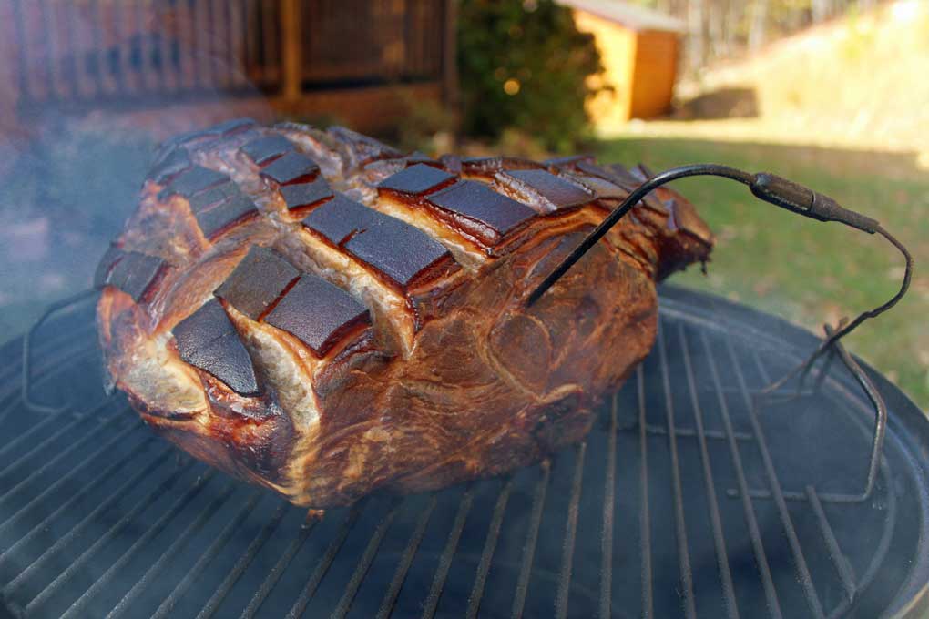 brined smoked pork shoulder with temperature probe