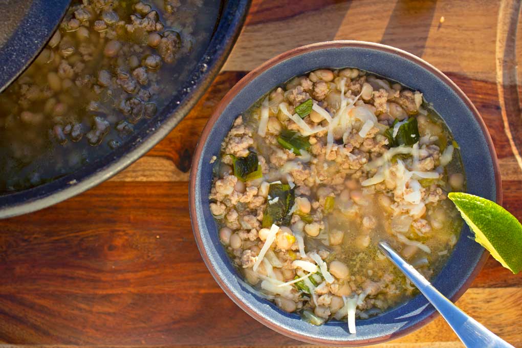 White bean and pork chili ready to eat