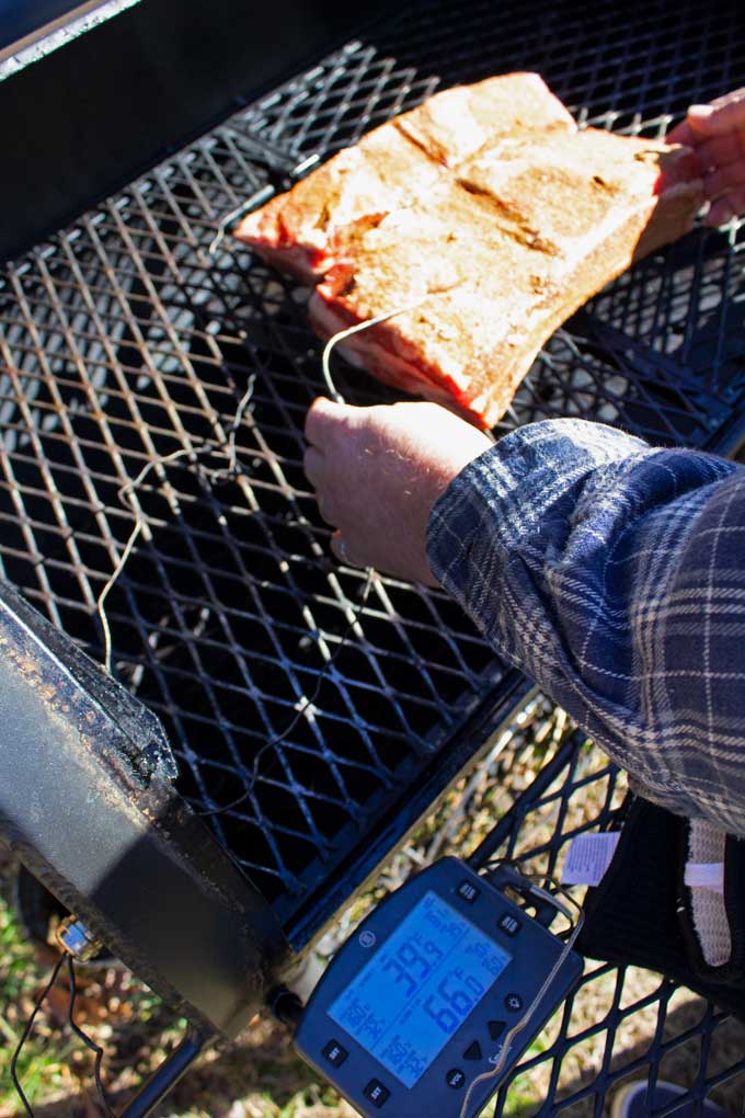 inserting probe thermometer into meat